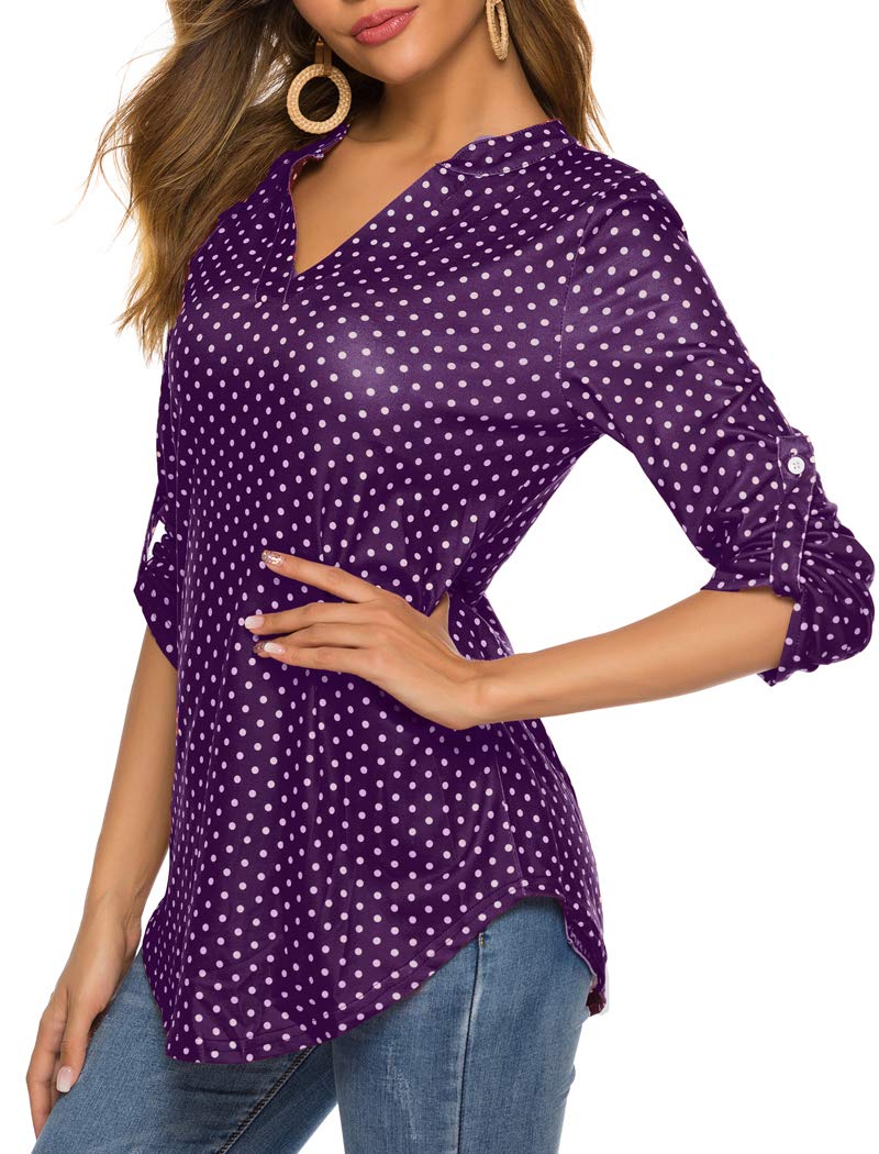 Halife Woman 3/4 Sleeve Shirt Cuffed Sleeve Notch V Neck Casual Office Tunic Blouse Purple M - Image 3